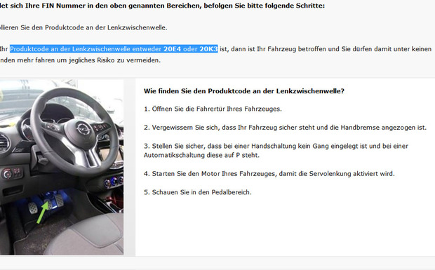 Auf einer speziellen Internetseite erläutert Opel, wie Kunden den Produktcode der Lenkzwischenwelle ermitteln können. (Abbildung: Autoservicepraxis)