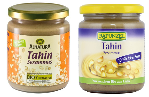 Zwei Marken, ein Produkt? Alnatura und Rapunzel rufen gleichzeitig Tahin (Sesammus) zurück, weil es Salmonellen enthalten kann. (Abbildung: Montage aus Produktbildern der Hersteller)