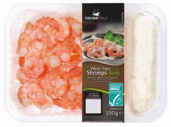 In der Aioli-Creme des Produktes „Fischerstolz White Tiger Shrimps Aioli, 150g“ des Herstellers Heiploeg International B.V. ist Senf enthalten. Da der Senf auf der Zutatenangabe vergessen wurde, muss das Produkt nun zurückgerufen werden. (Foto: Heiploeg International B.V)