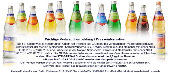 Steigerwald Mineralbrunnen ruft zahlreiche Produkte zurück, weil in einer Flasche ein Fremdkörper gefunden wurde. (Foto: Steigerwald Mineralbrunnen)