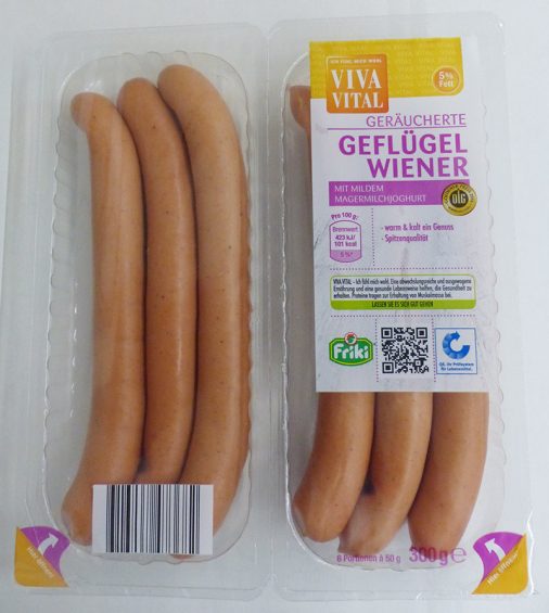 Im Rückruf wegen möglicher Metallsplitter: Friki Viva Vital Geflügel-Wiener mit Magermilchjoghurt in der 300 Gramm-Packung. (Foto: Friki Döbeln)