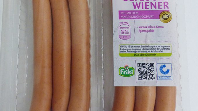 Im Rückruf wegen möglicher Metallsplitter: Friki Viva Vital Geflügel-Wiener mit Magermilchjoghurt in der 300 Gramm-Packung. (Foto: Friki Döbeln)