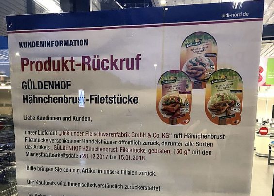 ALDI Nord informiert die Kunden über den Rückruf der Güldenhof Hähnchenbrust-Filetstücke in gewohnt vorbildlicher Weise. (Foto: Markus Burgdorf)
